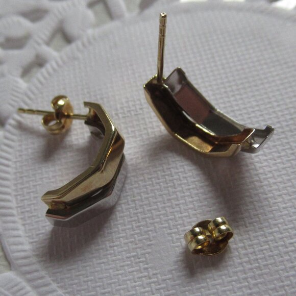 14k 2 tone, White & Yellow Gold Stud Earrings, 1/2 Octagon, Art Deco - Picture 10 of 11